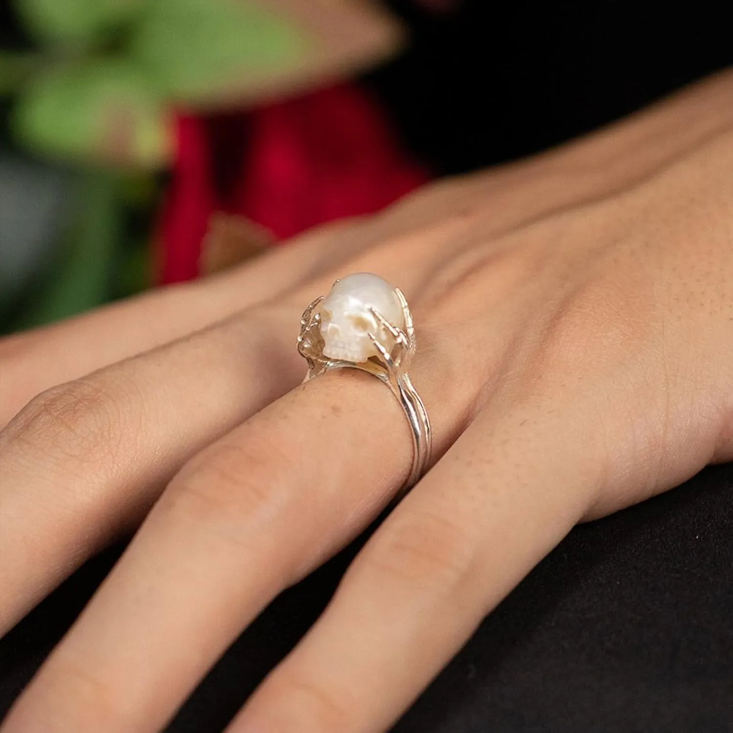 Hand-Carved Skull Pearl Ring - 7mm Freshwater Pearl - Wedding, Promise, Anniversary, Romantic, Punk, Gothic Jewelry Gift