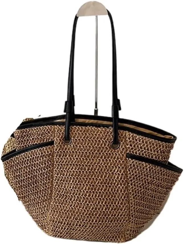 Handbag Straw Bag 2024 New Ins Simple One-Shoulder Paper Rope Woven Bag Leisure Vacation Beach Bag Straw Bags Handbag(Brown)