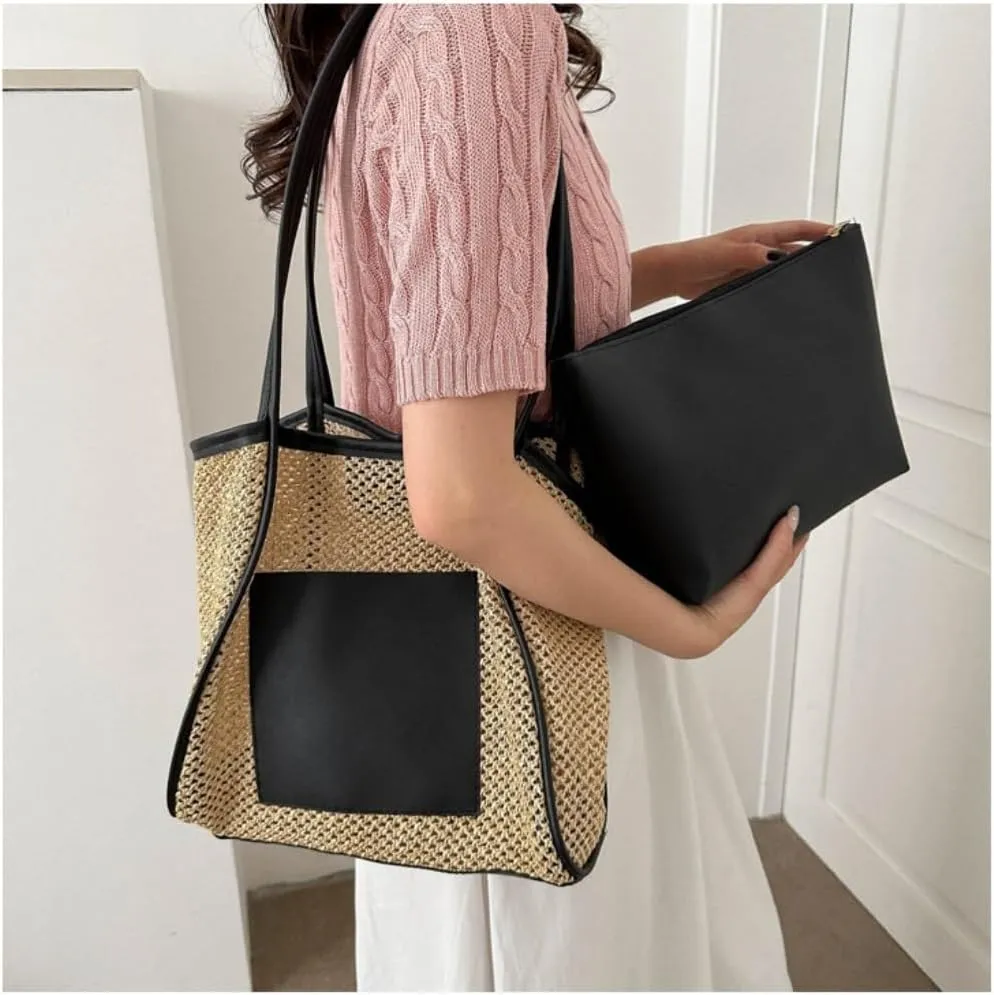 Handbag Woven Straw Bag New Summer Hollow Shoulder Beach Bag Mother and Child Commuter Tote Bag Straw Bags(Brown)