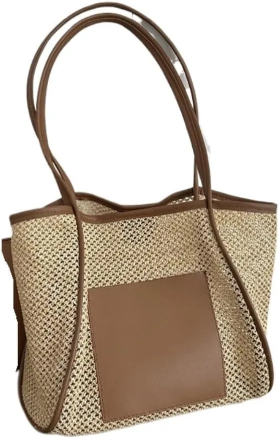 Handbag Woven Straw Bag New Summer Hollow Shoulder Beach Bag Mother and Child Commuter Tote Bag Straw Bags(Brown)