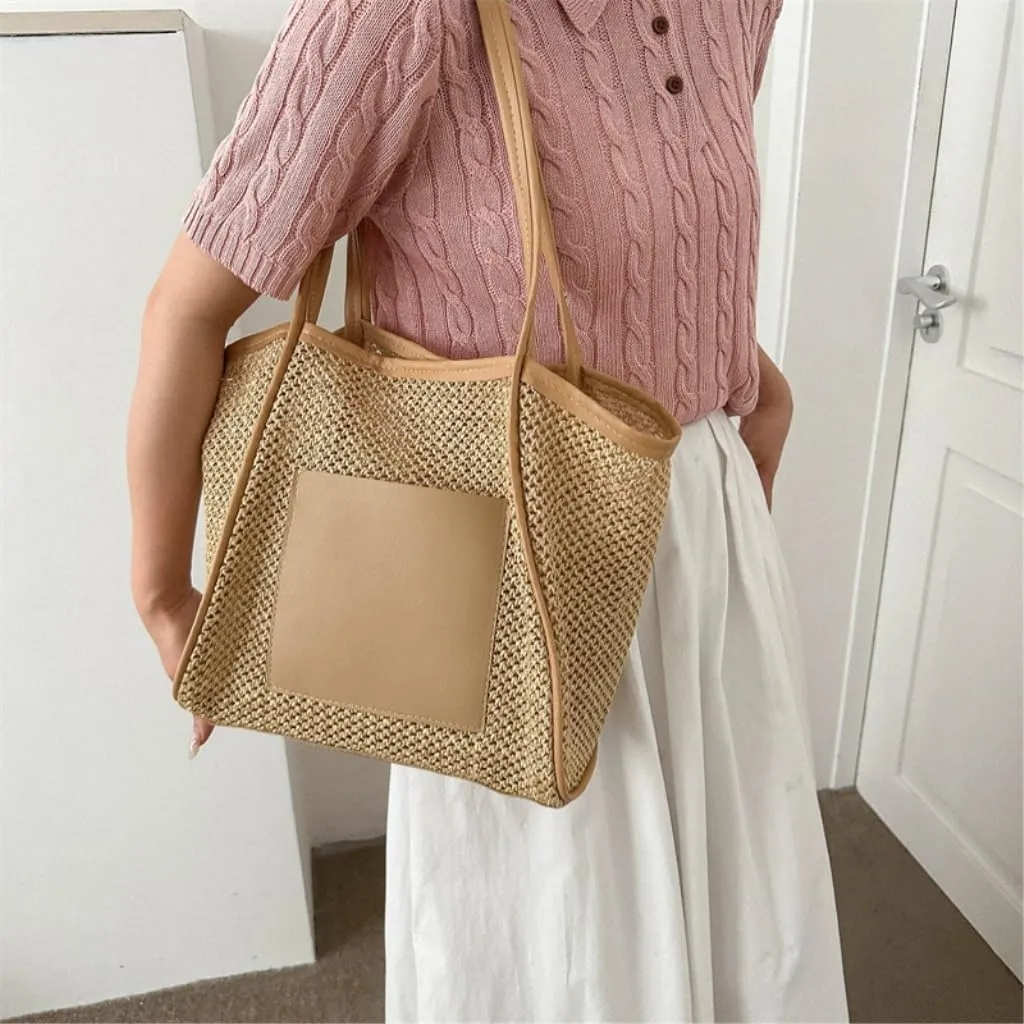 Handbag Woven Straw Bag New Summer Hollow Shoulder Beach Bag Mother and Child Commuter Tote Bag Straw Bags(Brown)