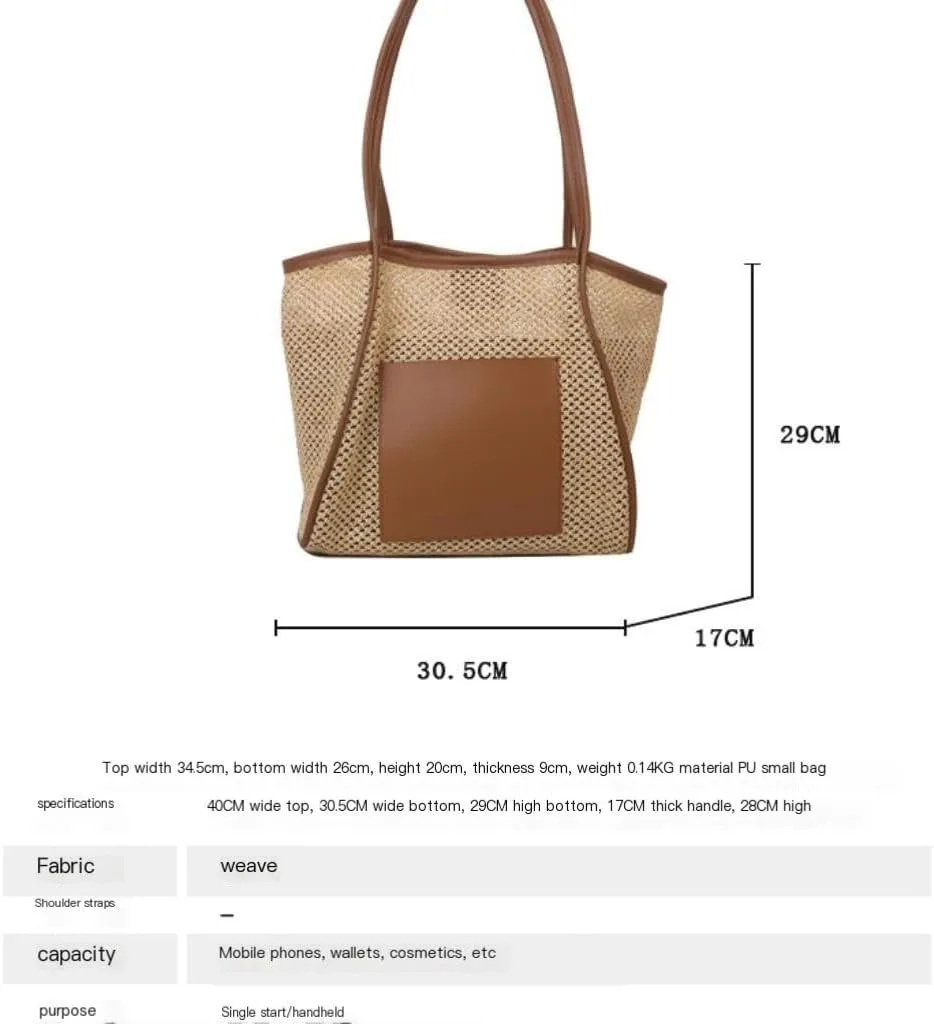 Handbag Woven Straw Bag New Summer Hollow Shoulder Beach Bag Mother and Child Commuter Tote Bag Straw Bags(Brown)