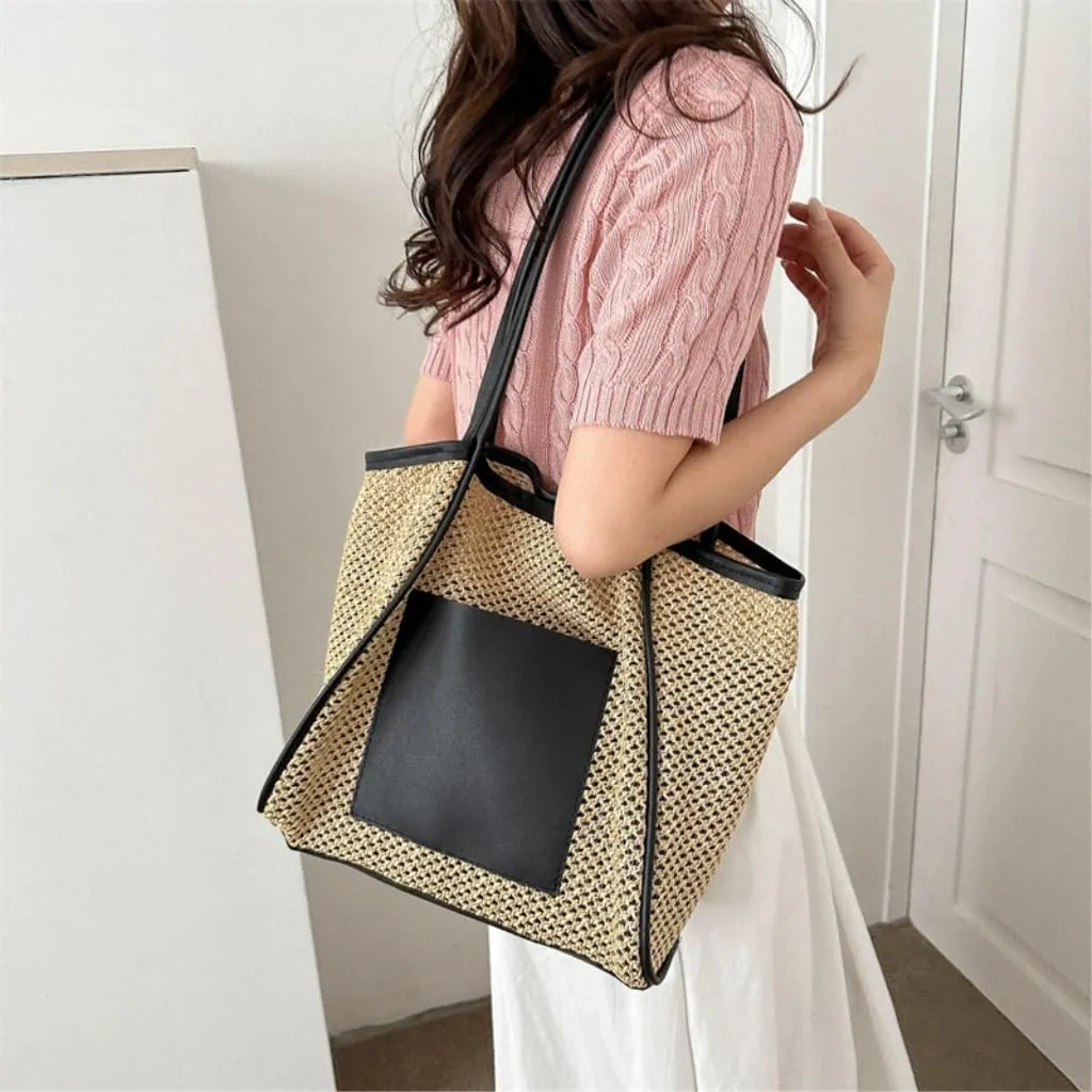 Handbag Woven Straw Bag New Summer Hollow Shoulder Beach Bag Mother and Child Commuter Tote Bag Straw Bags(Brown)