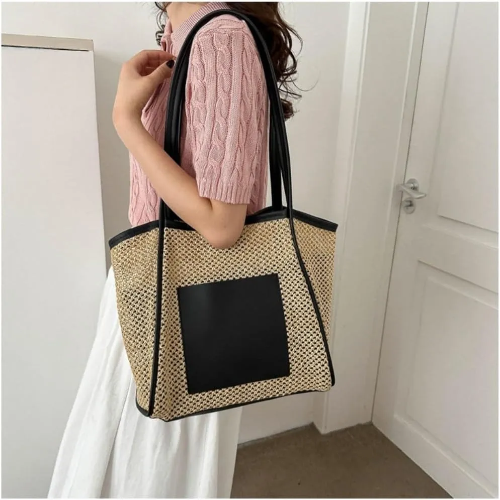 Handbag Woven Straw Bag New Summer Hollow Shoulder Beach Bag Mother and Child Commuter Tote Bag Straw Bags(Brown)