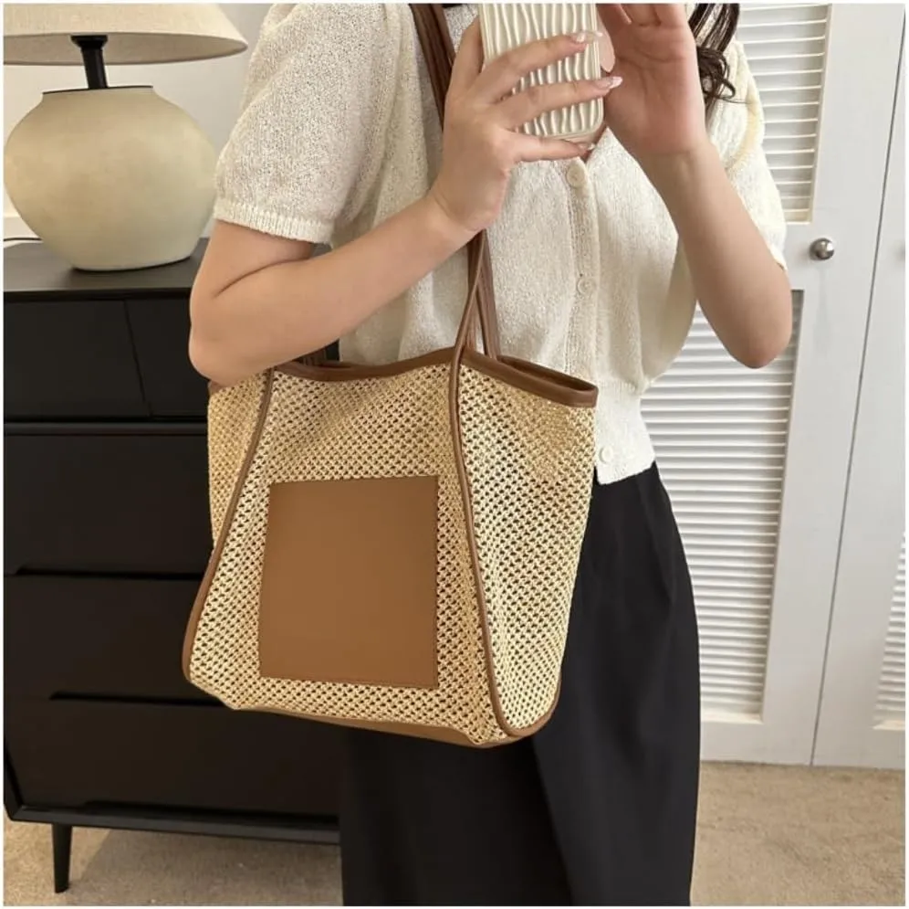 Handbag Woven Straw Bag New Summer Hollow Shoulder Beach Bag Mother and Child Commuter Tote Bag Straw Bags(Brown)