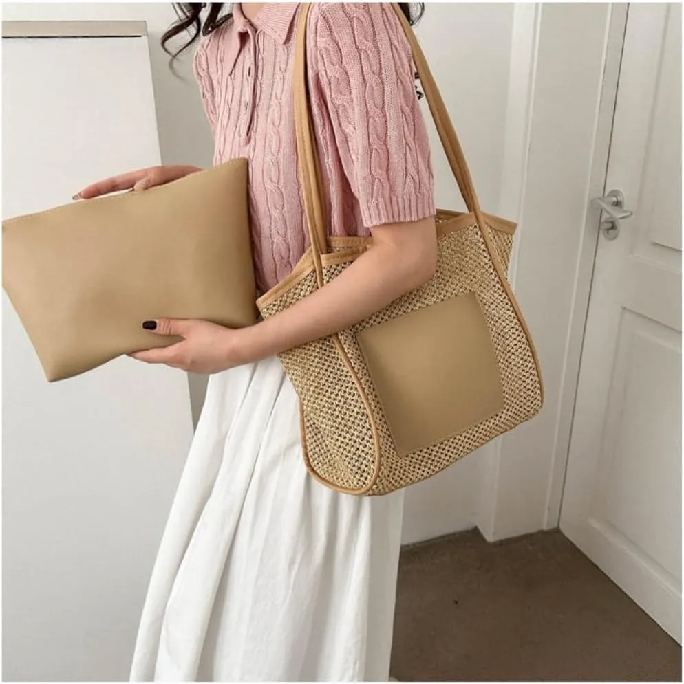 Handbag Woven Straw Bag New Summer Hollow Shoulder Beach Bag Mother and Child Commuter Tote Bag Straw Bags(Brown)
