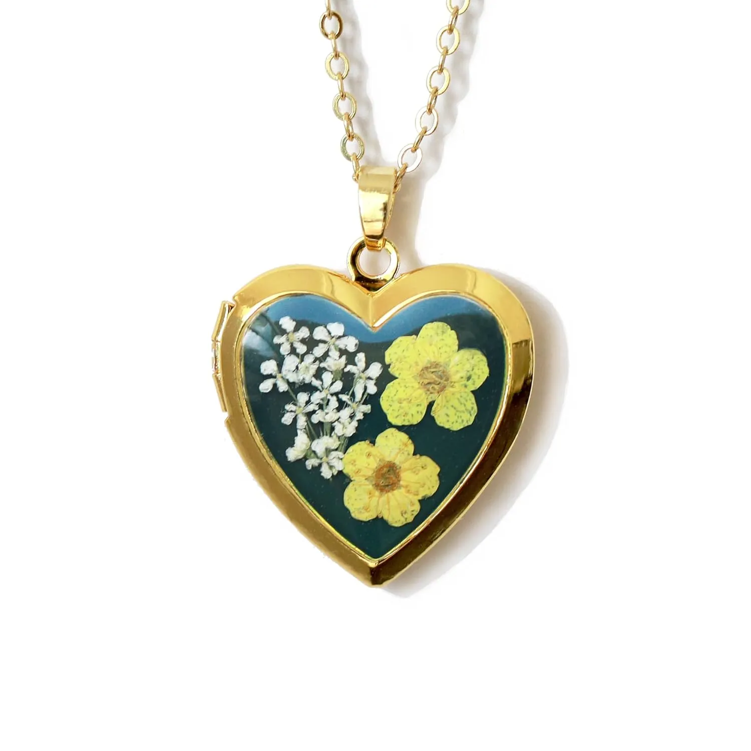 Handmade Heart Shaped Dried Pressed Forget Me Not Flower Photo Locket Pendant Necklace (Gold, Yellow Flower on Dark Green)