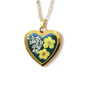 Handmade Heart Shaped Dried Pressed Forget Me Not Flower Photo Locket Pendant Necklace (Gold, Yellow Flower on Dark Green)
