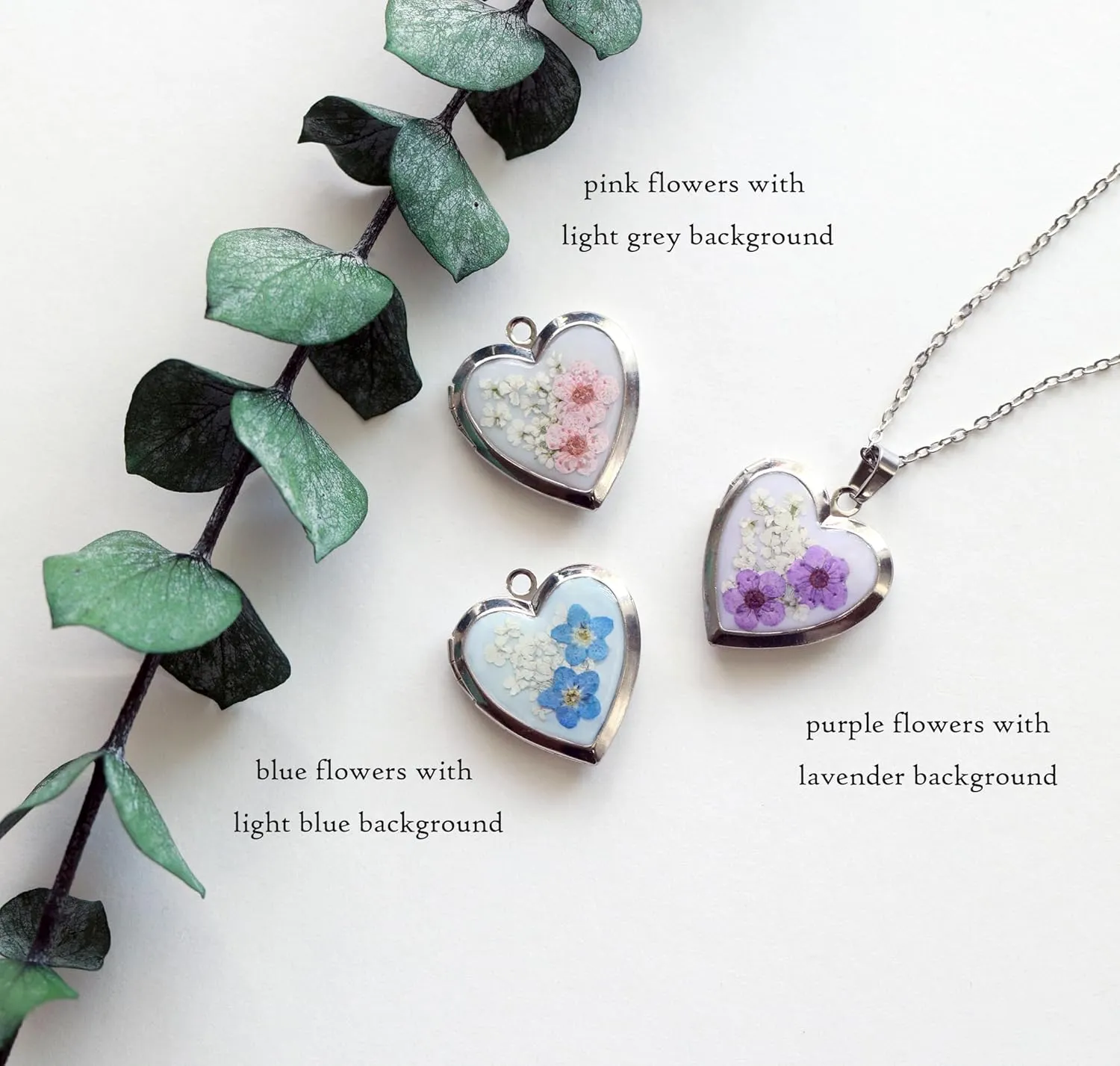 Handmade Heart Shaped Dried Pressed Forget Me Not Flower Photo Locket Pendant Necklace (Gold, Yellow Flower on Dark Green)