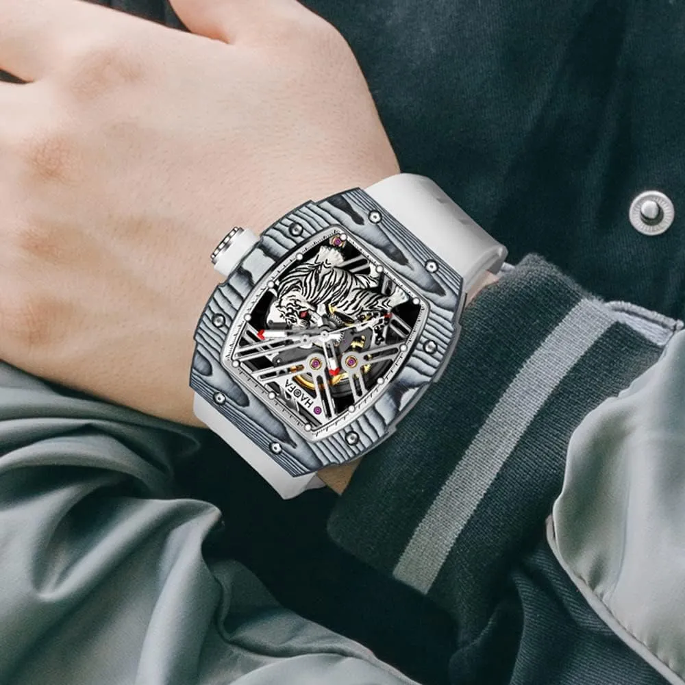 Haofa Skeleton Automatic Mechanical Watch for Men Tiger Stripes Carbon Fiber Bezel Watch Sapphire Luminous Waterproof Mens Business Casual Watch 1973