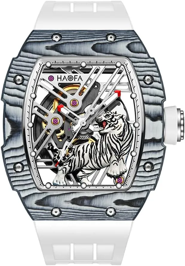 Haofa Skeleton Automatic Mechanical Watch for Men Tiger Stripes Carbon Fiber Bezel Watch Sapphire Luminous Waterproof Mens Business Casual Watch 1973