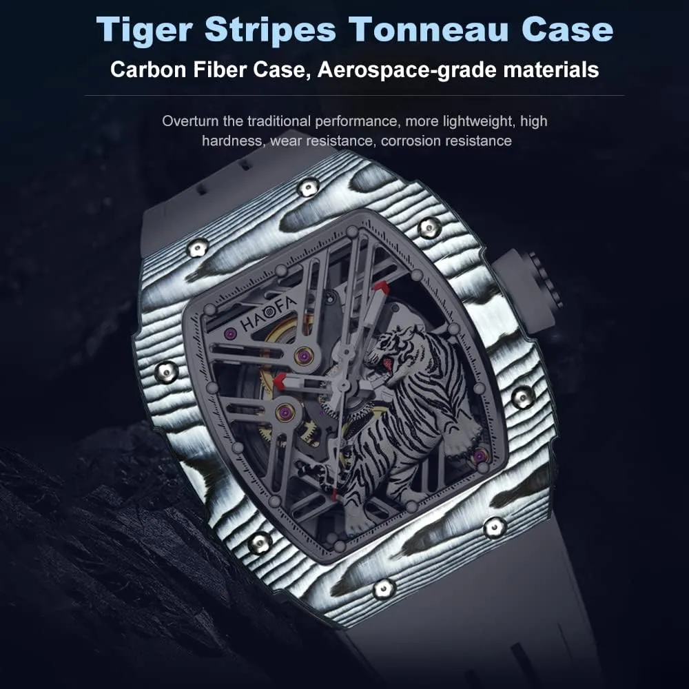 Haofa Skeleton Automatic Mechanical Watch for Men Tiger Stripes Carbon Fiber Bezel Watch Sapphire Luminous Waterproof Mens Business Casual Watch 1973