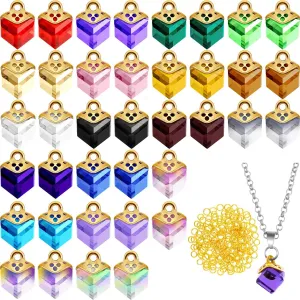 Hicarer 40 Pieces Cubic Crystal Charms Assorted Crystal Birthstone Charms Pendants Handmade Dangle Bead Pendants with 200 Pieces Open Jump Rings for DIY Jewelry Making Necklace Earring Gifts