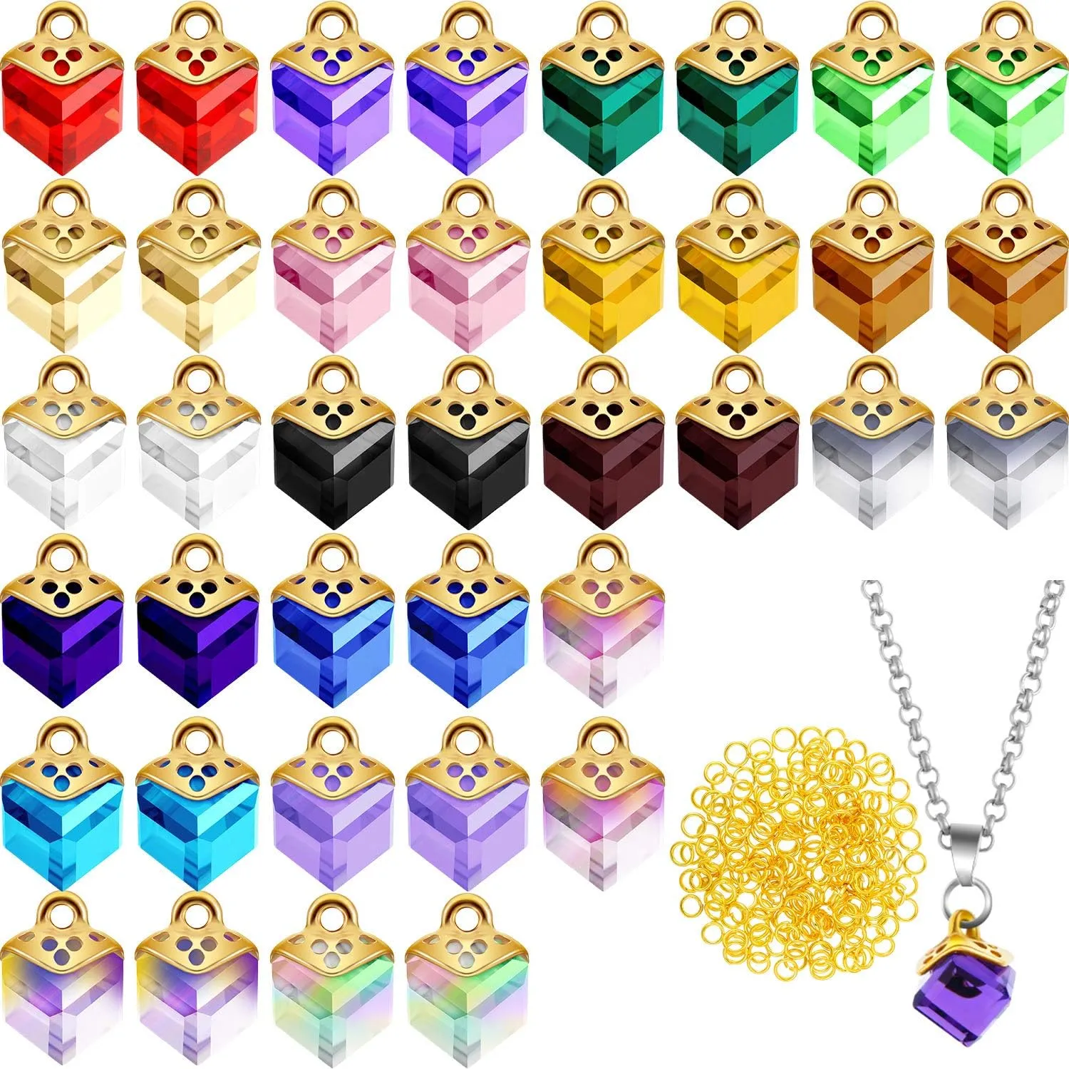 Hicarer 40 Pieces Cubic Crystal Charms Assorted Crystal Birthstone Charms Pendants Handmade Dangle Bead Pendants with 200 Pieces Open Jump Rings for DIY Jewelry Making Necklace Earring Gifts