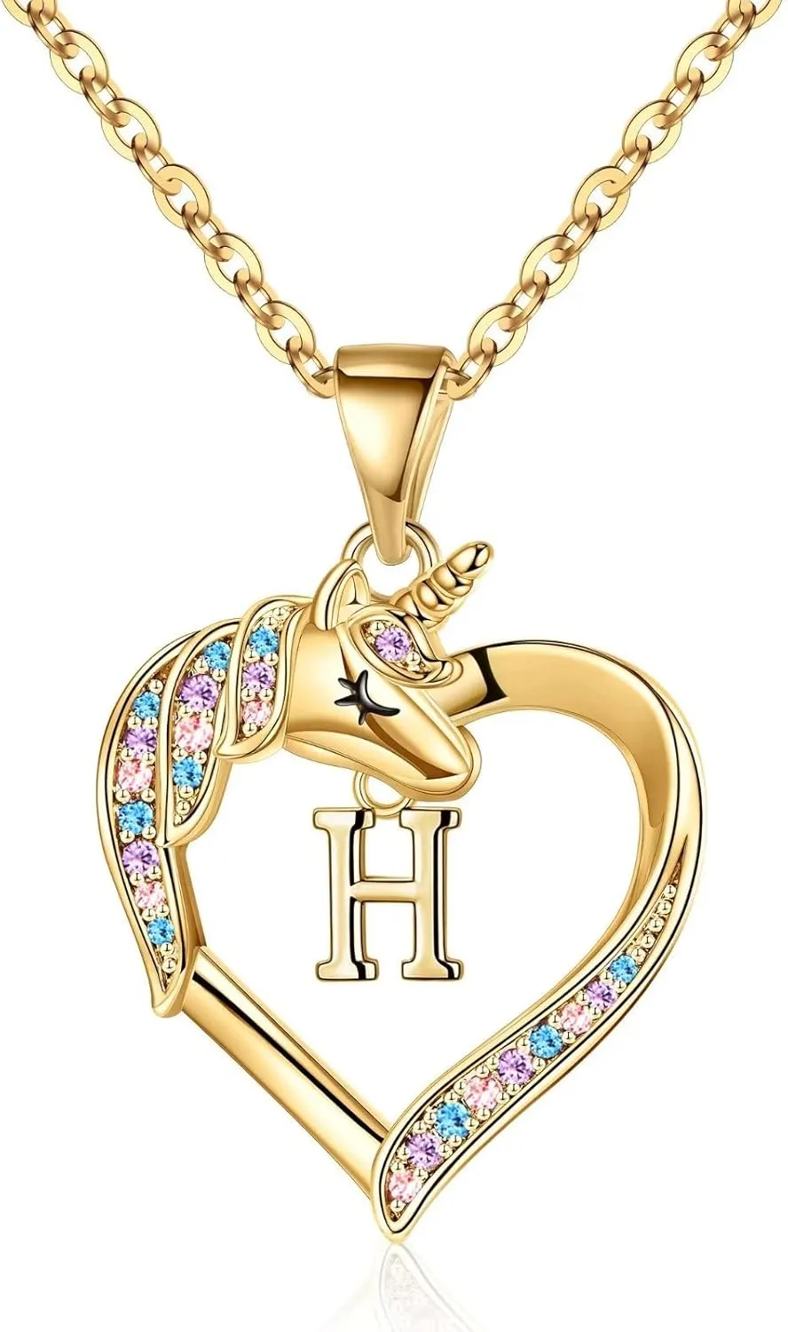 Hidepoo Unicorn Necklaces for Girls - CZ Heart Pendant Initial Unicorn Necklaces for Girl Teens Little Girls Jewelry Birthday Gift