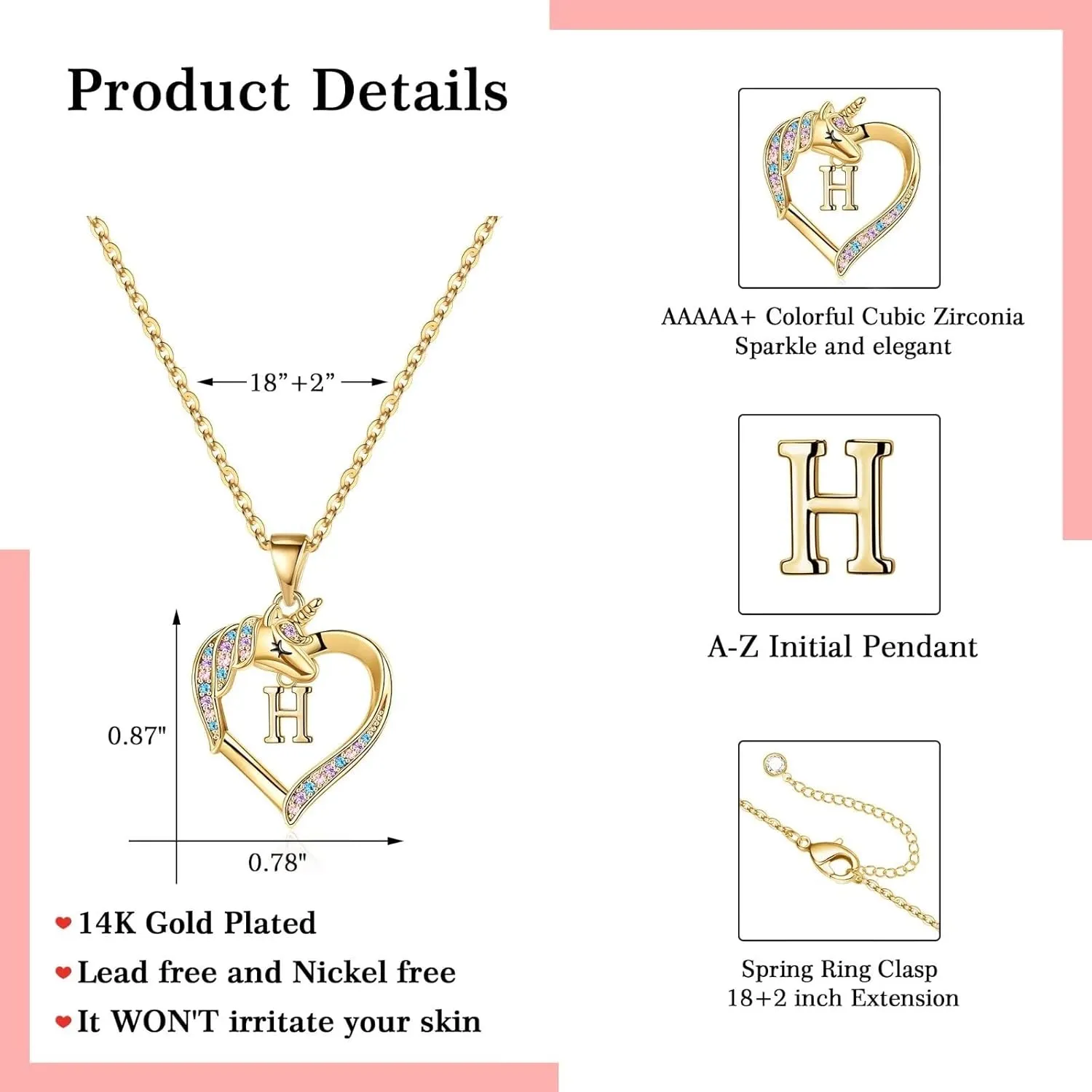 Hidepoo Unicorn Necklaces for Girls - CZ Heart Pendant Initial Unicorn Necklaces for Girl Teens Little Girls Jewelry Birthday Gift