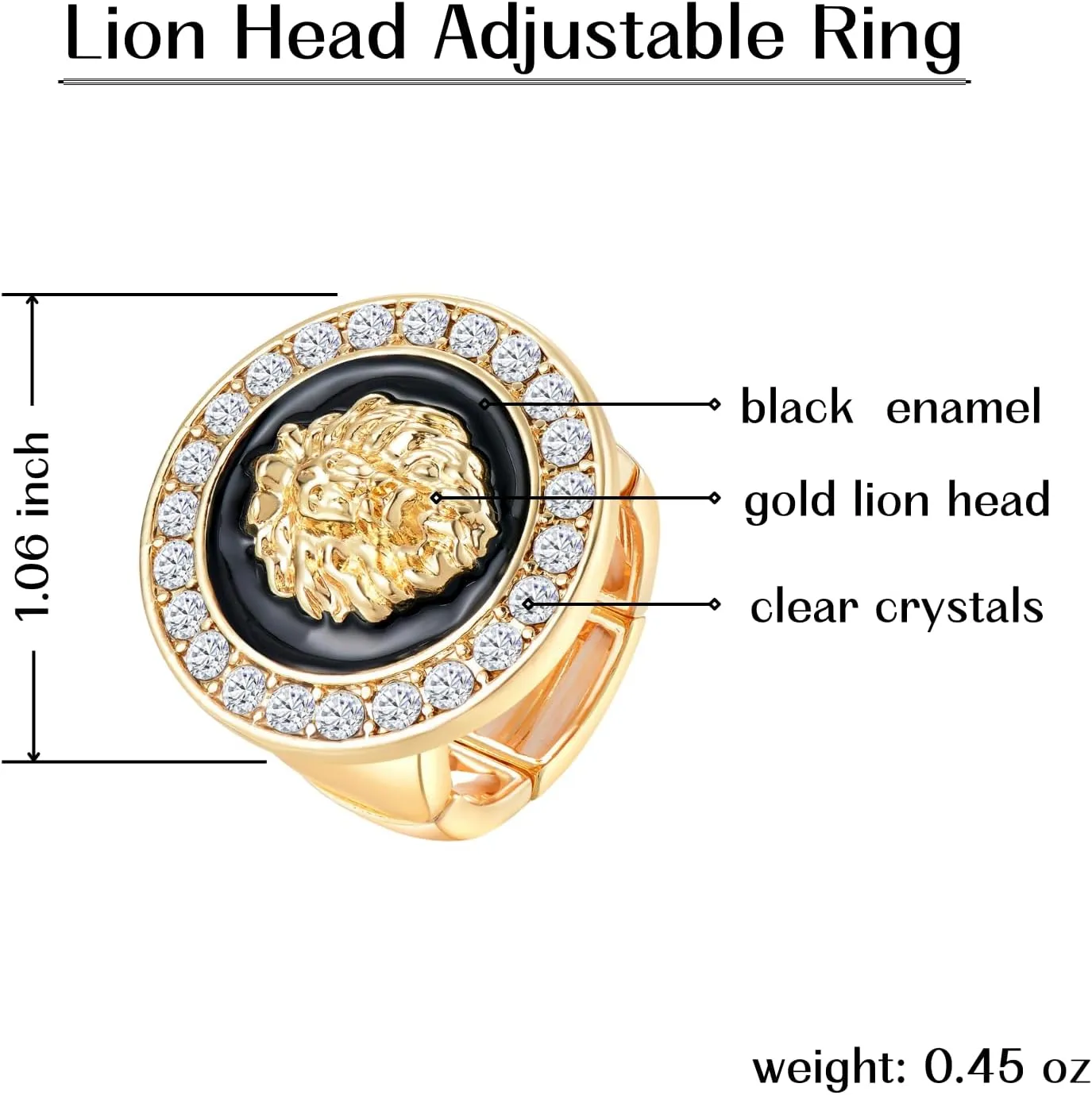 Hip Hop Adjustable Band Statement Lion Head Ring Women Gold-plated Sparkly Crystal Chunky Ring Cocktail Club Party Costume Jewelry