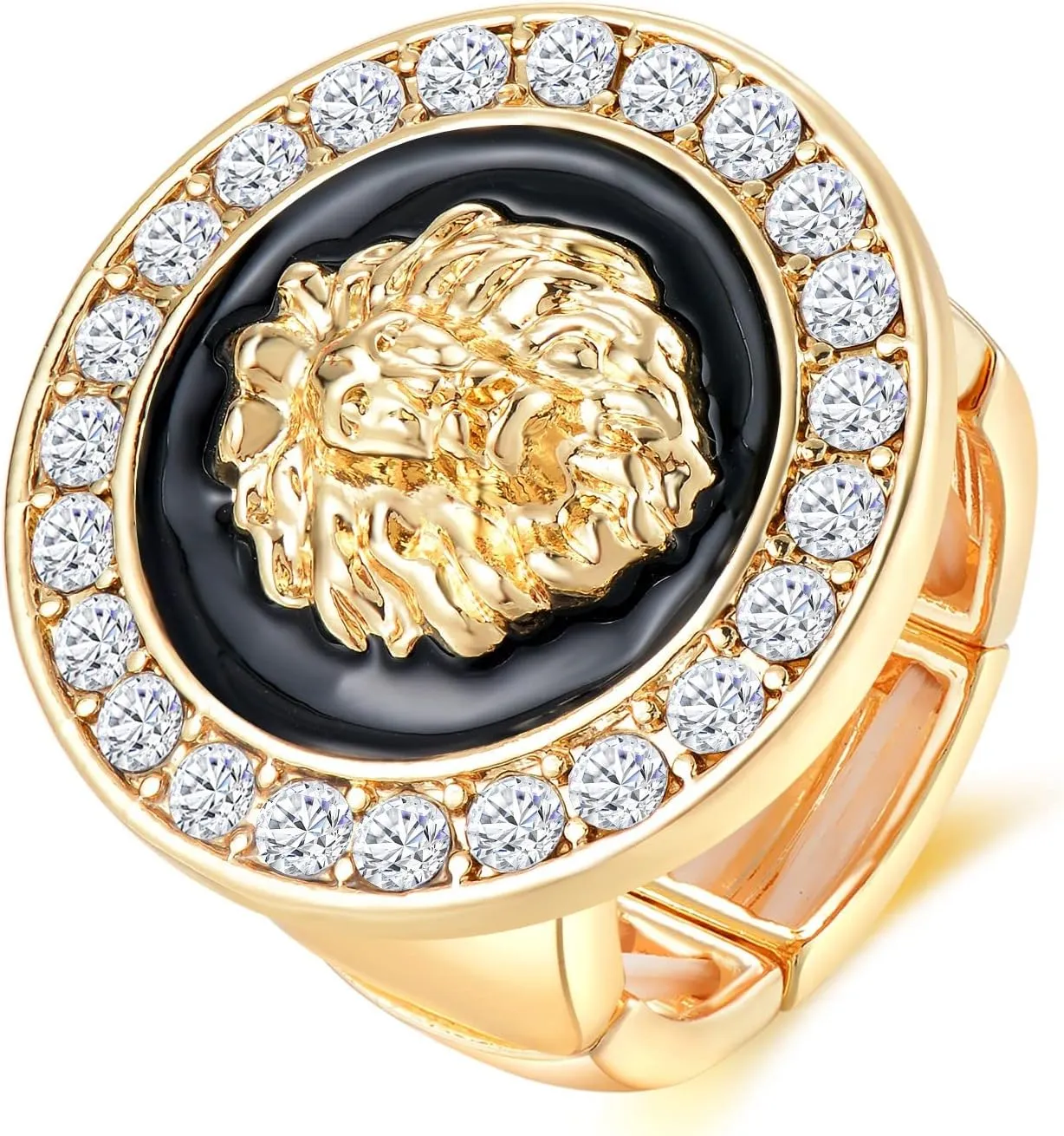 Hip Hop Adjustable Band Statement Lion Head Ring Women Gold-plated Sparkly Crystal Chunky Ring Cocktail Club Party Costume Jewelry