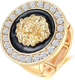 Hip Hop Adjustable Band Statement Lion Head Ring Women Gold-plated Sparkly Crystal Chunky Ring Cocktail Club Party Costume Jewelry