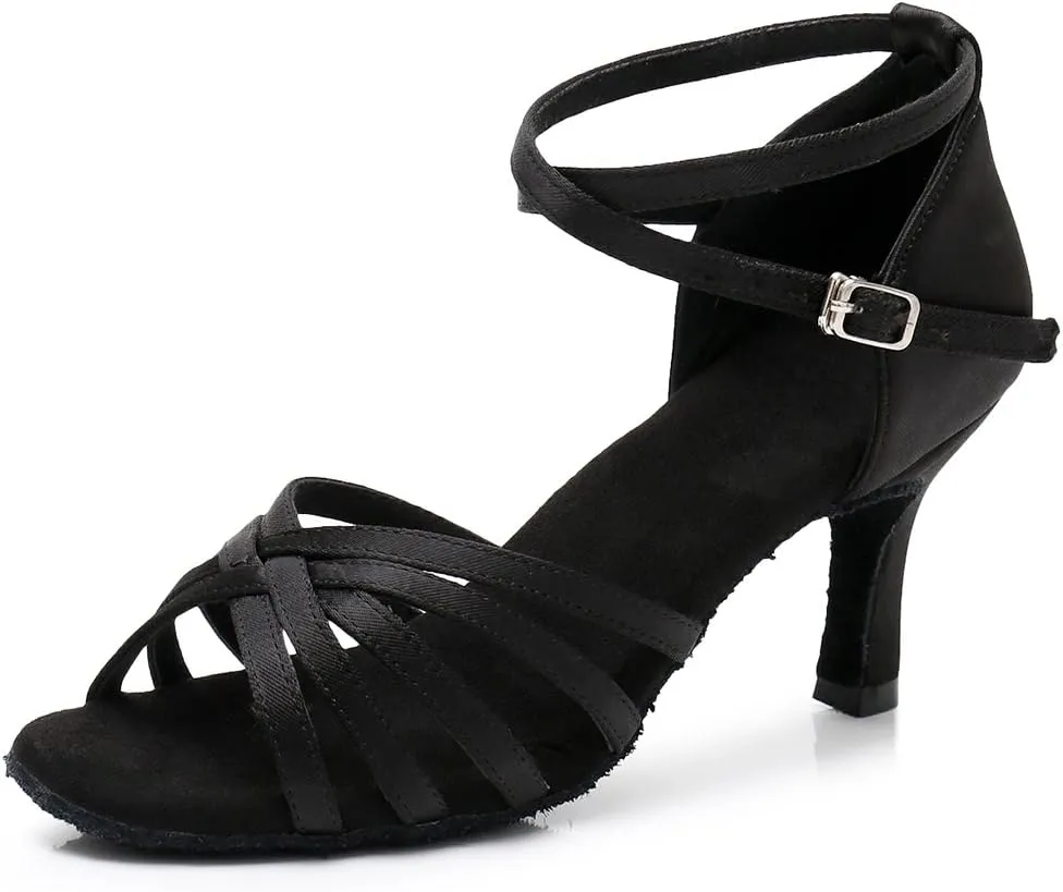 HIPPOSEUS Women's Open Toe Latin Dance Shoes Ankle Strap Ballroom Salsa Bachata Dancing Shoes Suede Outsole,Model 1213
