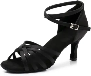 HIPPOSEUS Women's Open Toe Latin Dance Shoes Ankle Strap Ballroom Salsa Bachata Dancing Shoes Suede Outsole,Model 1213