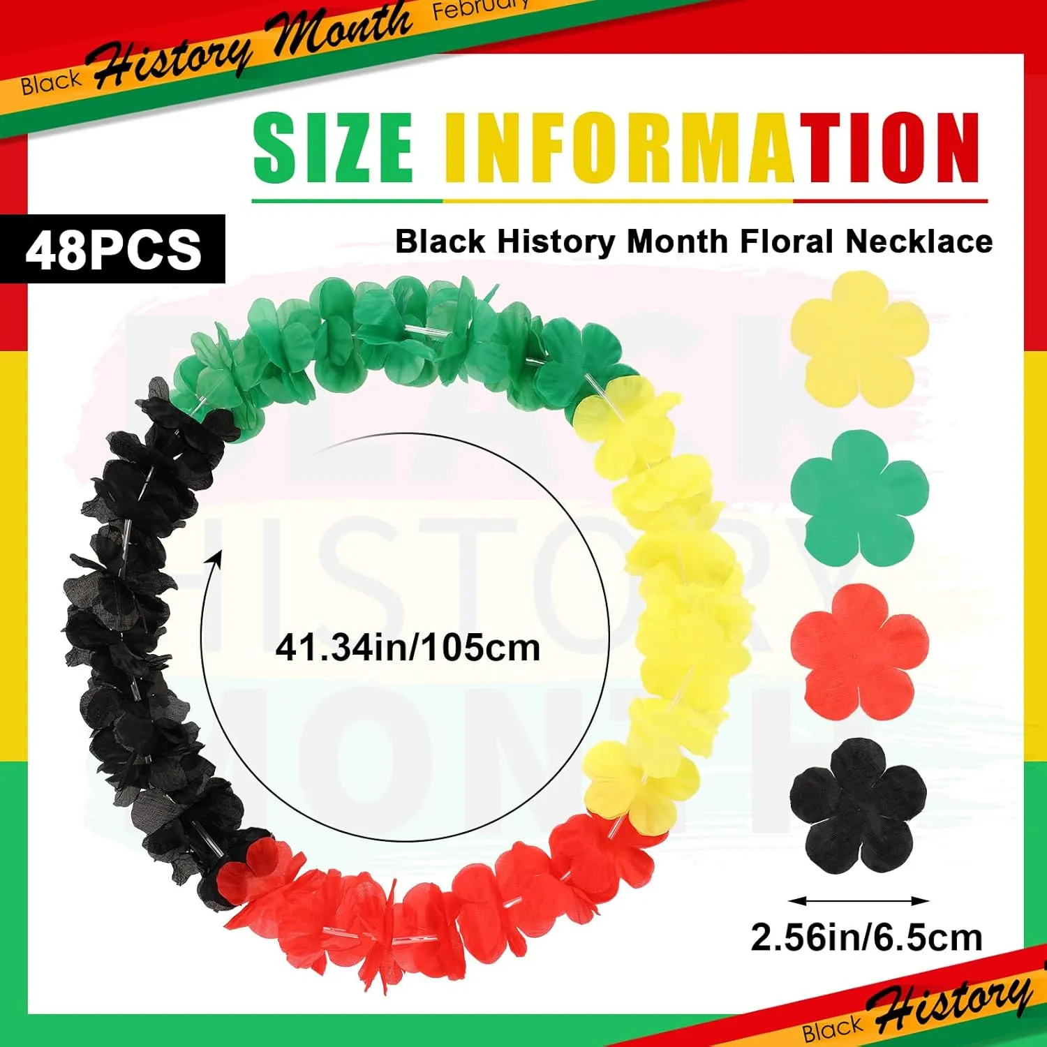 Hoteam Juneteenth Floral Necklace African American Garland Hawaiian Leis Flower Necklace Red Green Yellow Black Garland for Black History Month Party Favors Women Men Freedom Party