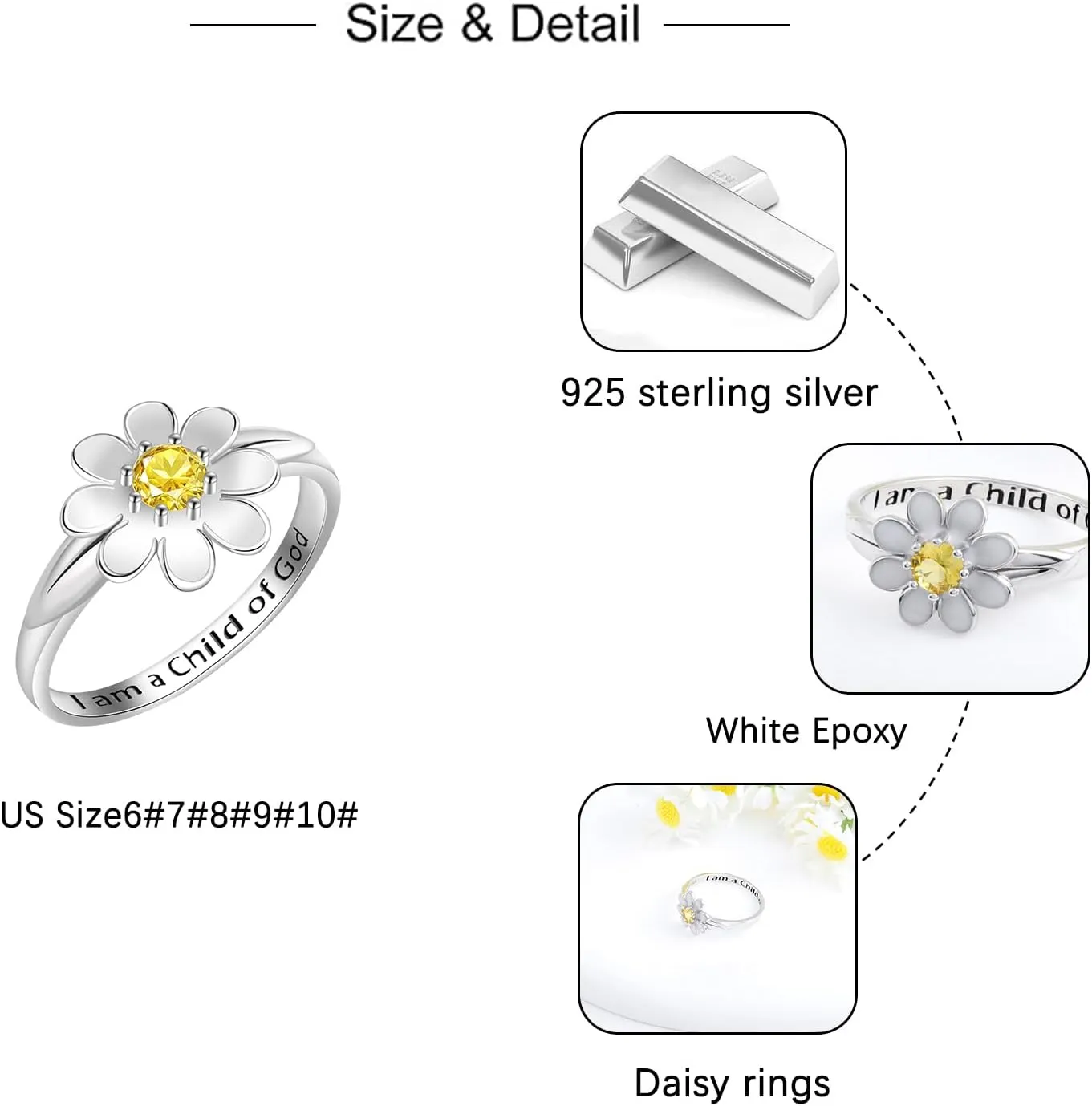 I Am A Daughter of God Ring - 925 Sterling Silver Religious God Daisy Ring I Am Gods Beloved Faith Jewelry Gift For Women
