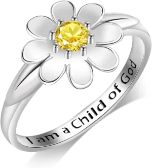 I Am A Daughter of God Ring - 925 Sterling Silver Religious God Daisy Ring I Am Gods Beloved Faith Jewelry Gift For Women