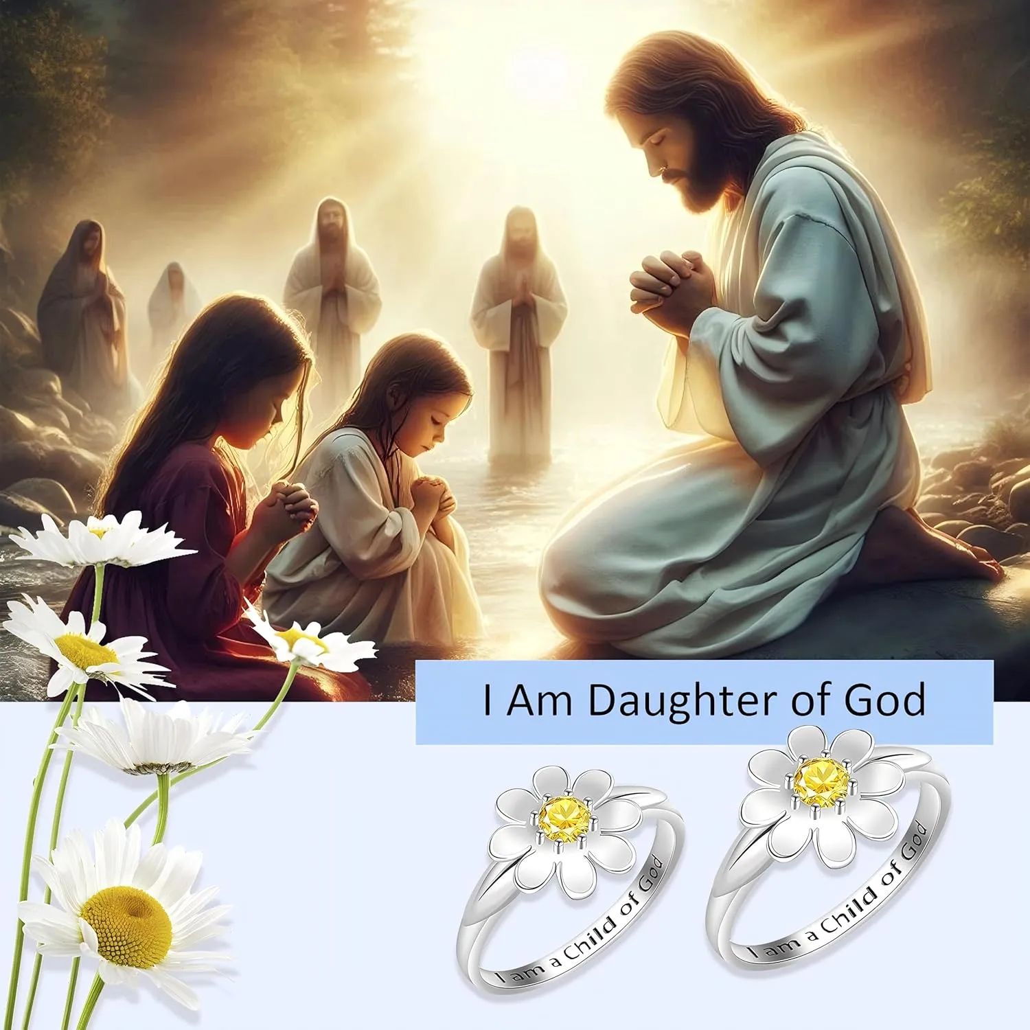 I Am A Daughter of God Ring - 925 Sterling Silver Religious God Daisy Ring I Am Gods Beloved Faith Jewelry Gift For Women