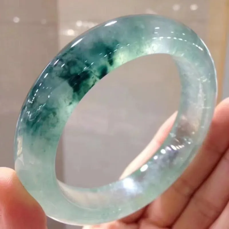Ice-like Wide and Narrow Version Floating Flowers Jade Bracelet Myanmar Women's Bangle