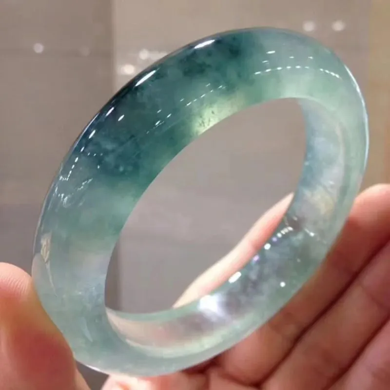 Ice-like Wide and Narrow Version Floating Flowers Jade Bracelet Myanmar Women's Bangle