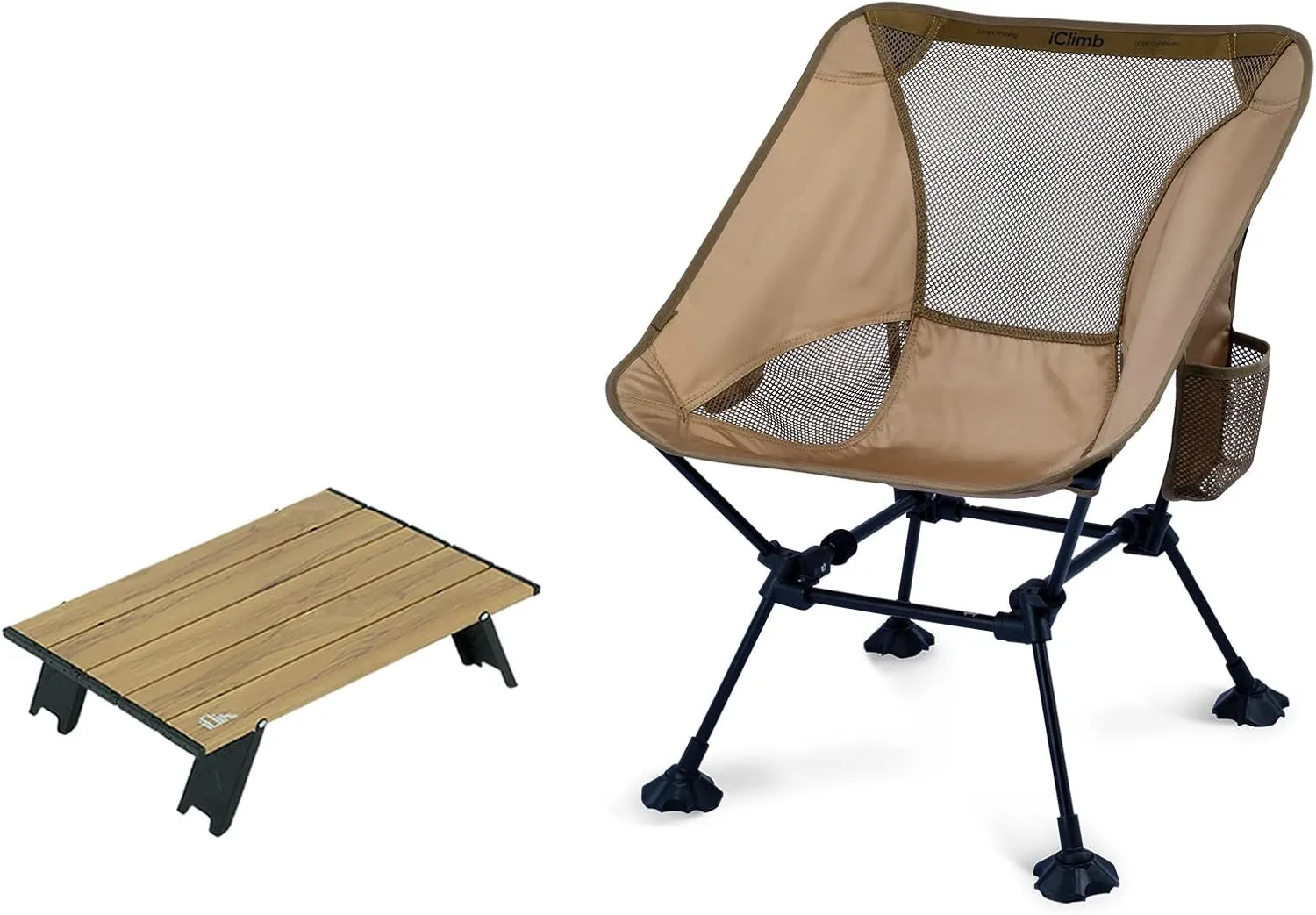 iClimb 1 Anti-Sinking Large Feet Chair and 1 Mini Folding Table Bundle, Ultralight Compact for Adults Outdoor Backpacking Camping Hiking Beach Concert Motorcycling