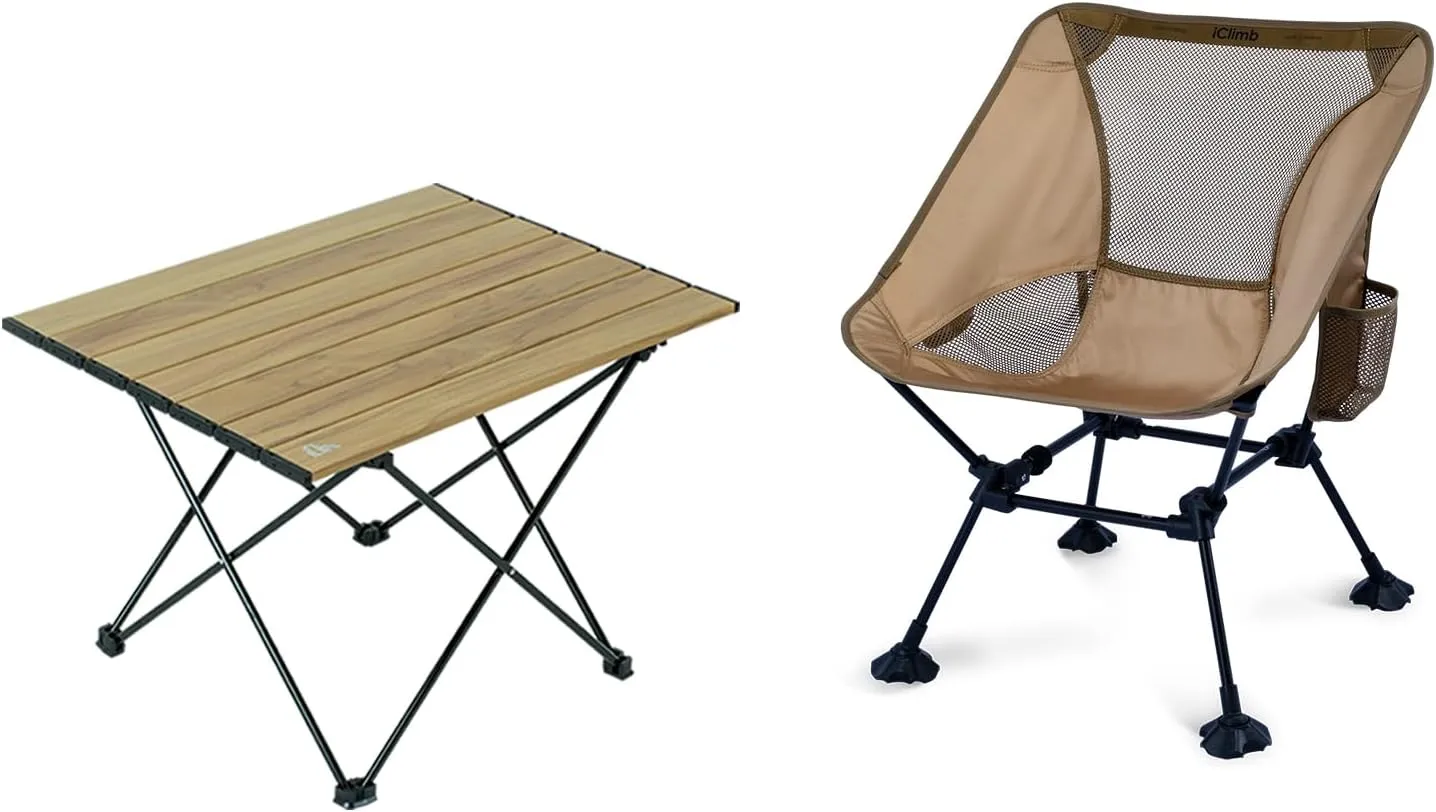 iClimb 1 Folding Table and 1 Anti-Sinking Large Feet Chair Bundle, Ultralight Compact for Single Adult Outdoor Backpacking Hiking Camping Beach Concert