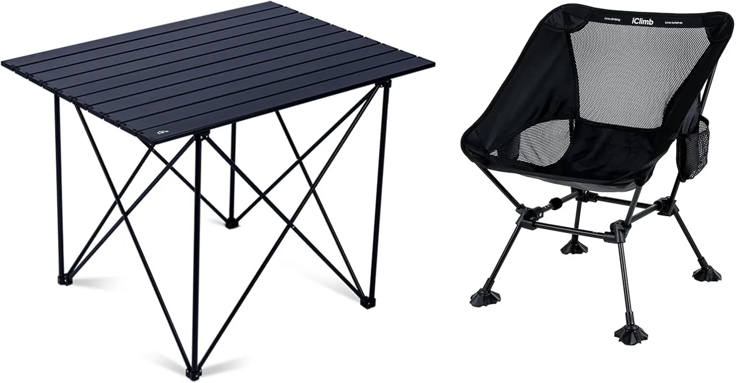 iClimb 1 Light Folding Table and 1 Ultralight Anti-Sinking Folding Chair Bundle for Adults Outdoor Camping Glamping Beach Concert