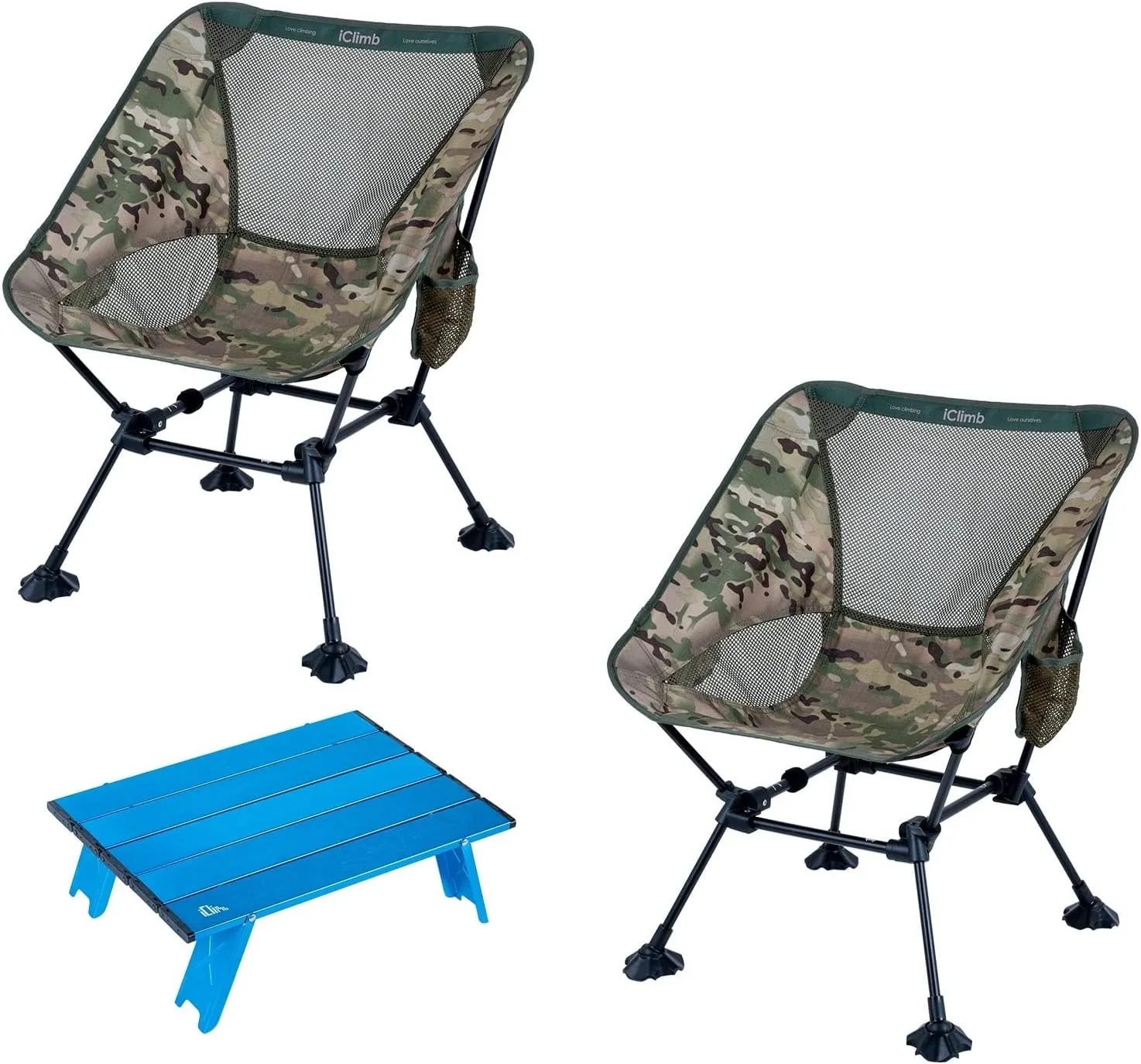 iClimb 2 Anti-Sinking Large Feet Chair and 1 Mini Folding Table Bundle, Ultralight Compact for Two Adults Outdoor Backpacking Camping Hiking Beach Concert