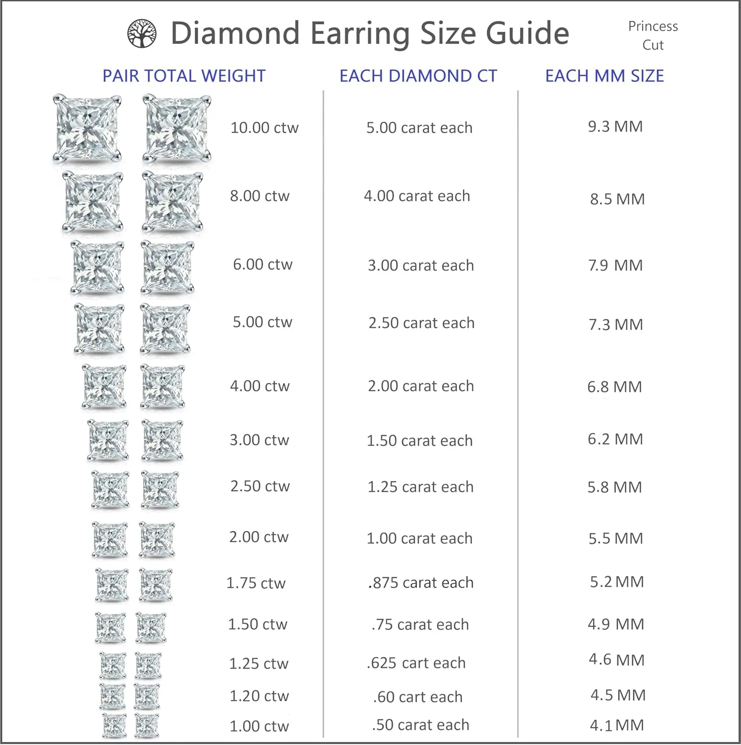 IGI Certified 1 to 5 Carat Princess Cut Lab Grown Diamond Stud Earrings for Women in 14k Gold or Platinum (E-F Color, SI1-SI2 Clarity, cttw) 4-Prong Setting Screw Back Square Studs by Diamond Wish