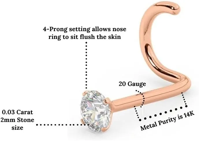 IGI Certified 14K Gold Diamond Nose Stud for Women Men | 18G & 20G Gold Nose Ring | 1.5mm Nose Stud to 3 mm Twist Back Nose Rings | Nose Piercing Studs | Body Piercing Jewelry in Diamond I-J Color & I2-I3 Clarity