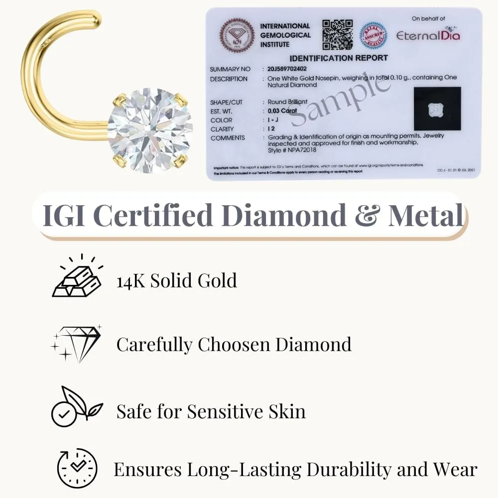 IGI Certified 14K Gold Diamond Nose Stud for Women Men | 18G & 20G Gold Nose Ring | 1.5mm Nose Stud to 3 mm Twist Back Nose Rings | Nose Piercing Studs | Body Piercing Jewelry in Diamond I-J Color & I2-I3 Clarity