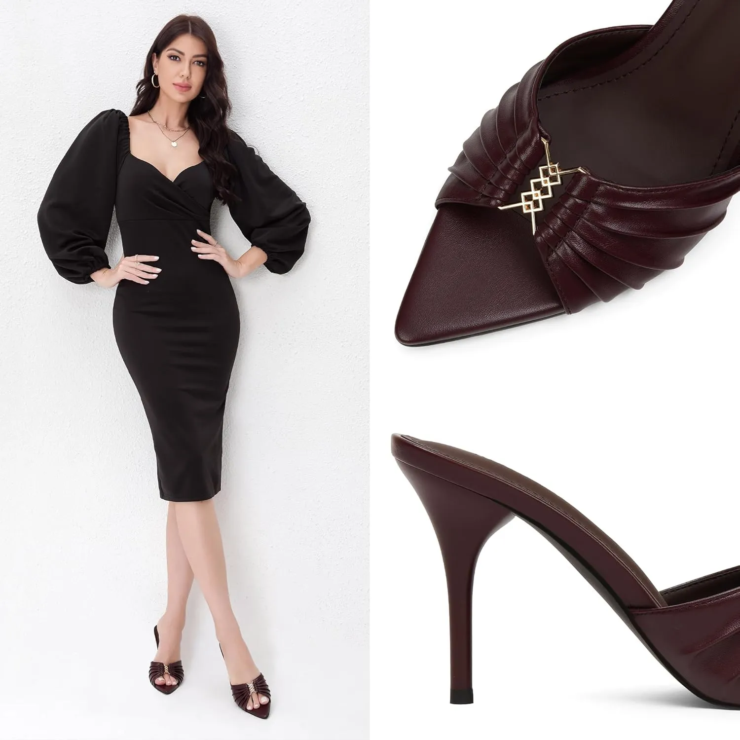 iiimmu 3.5 IN Stiletto Mules High Heels with Pointed Peep Toe Heeled Sandals Faux Leather