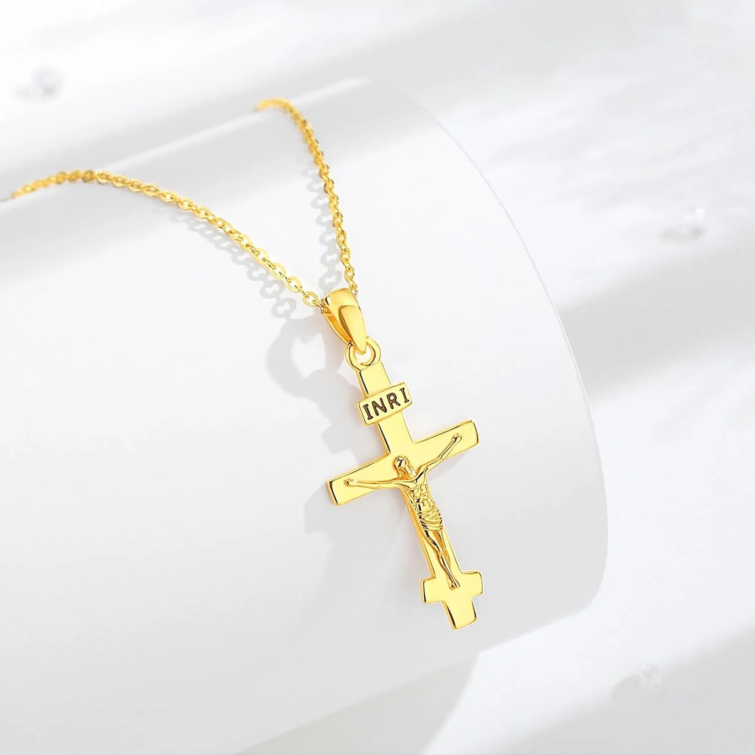 INFUSEU 925 Sterling Silver Jesus Cross Necklaces Crucifix Orthodox Cross Caravaca for Women Men Religious Protection Gifts