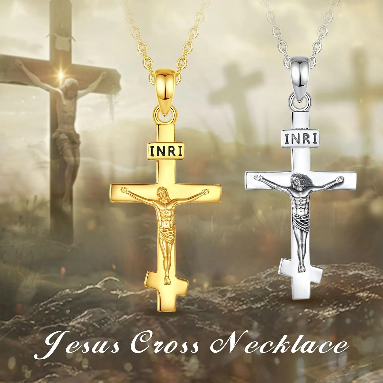 INFUSEU 925 Sterling Silver Jesus Cross Necklaces Crucifix Orthodox Cross Caravaca for Women Men Religious Protection Gifts