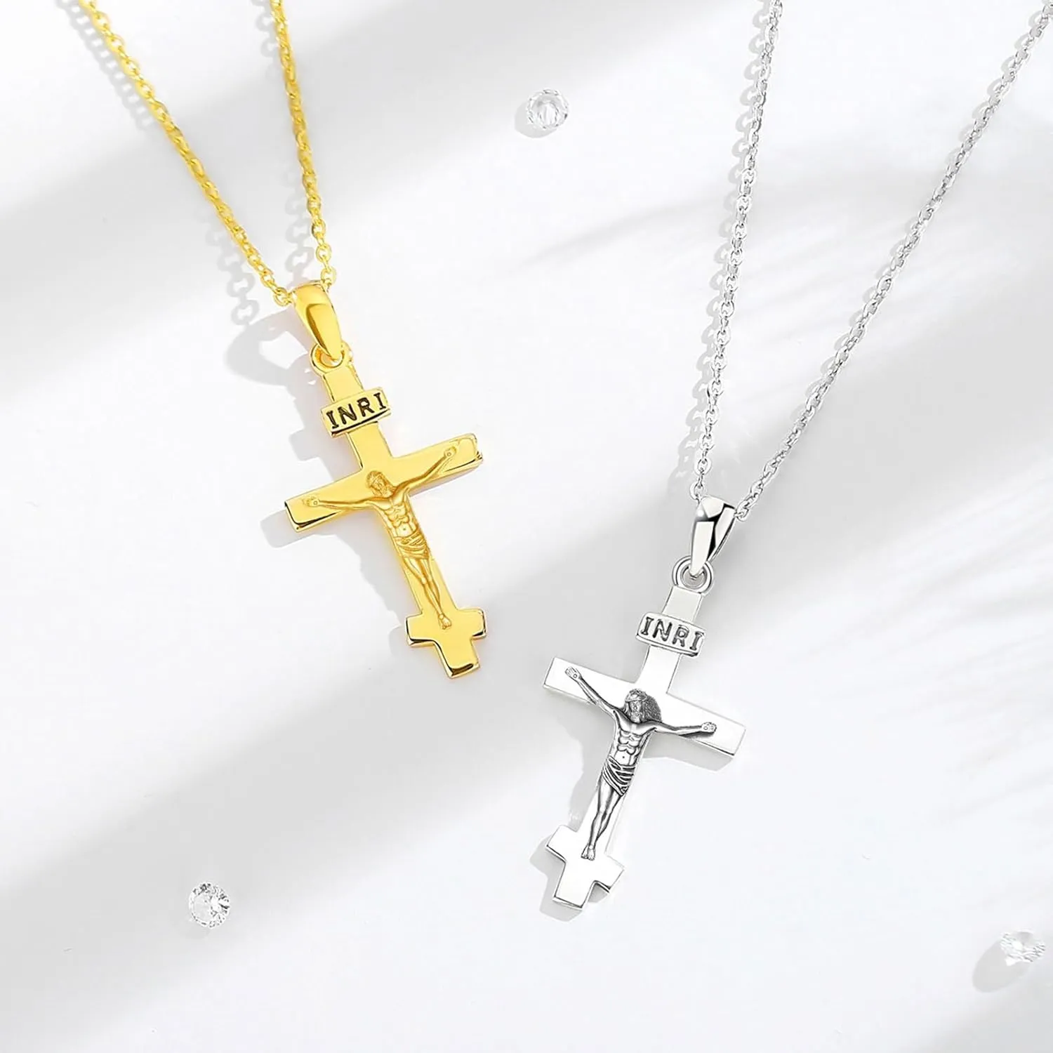 INFUSEU 925 Sterling Silver Jesus Cross Necklaces Crucifix Orthodox Cross Caravaca for Women Men Religious Protection Gifts