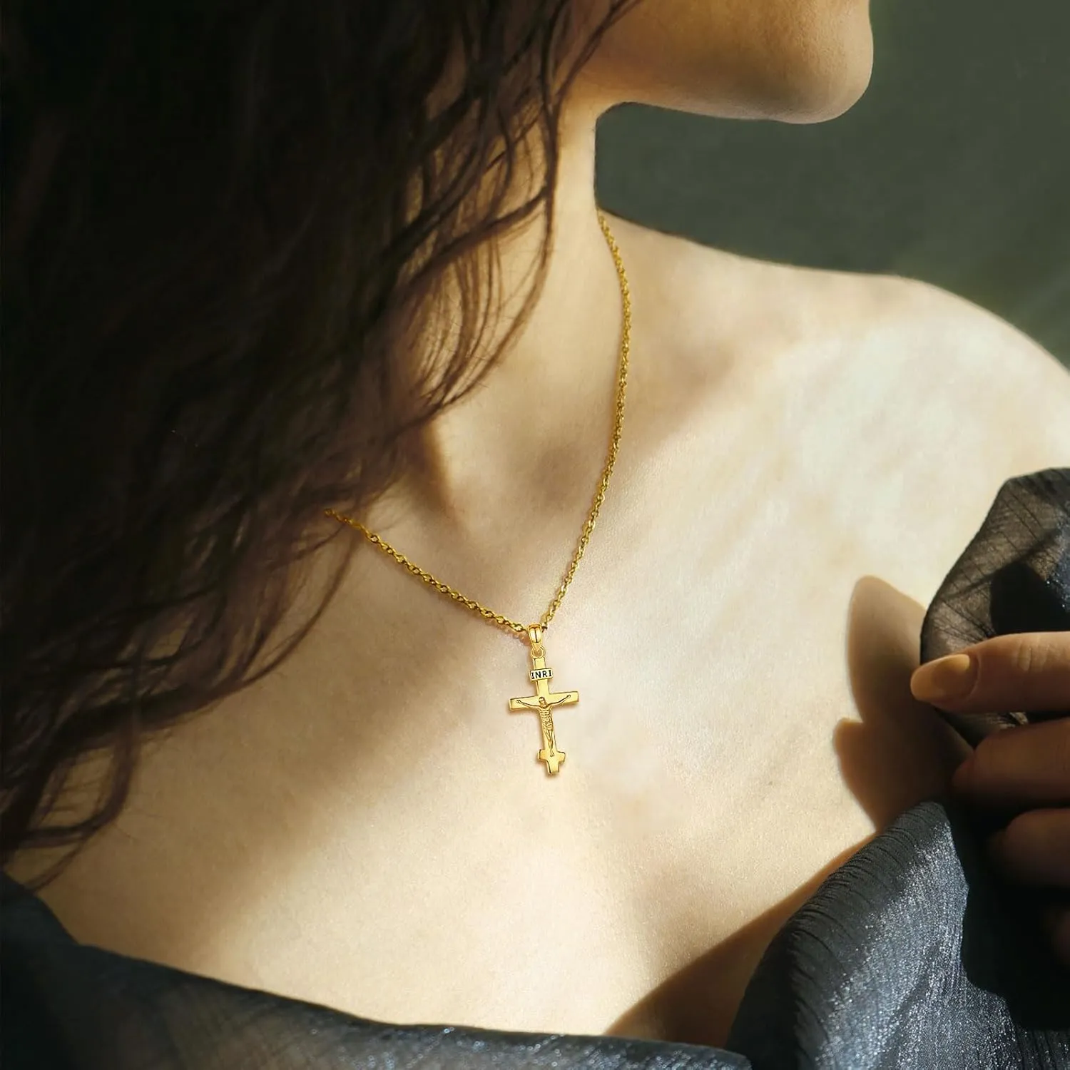 INFUSEU 925 Sterling Silver Jesus Cross Necklaces Crucifix Orthodox Cross Caravaca for Women Men Religious Protection Gifts
