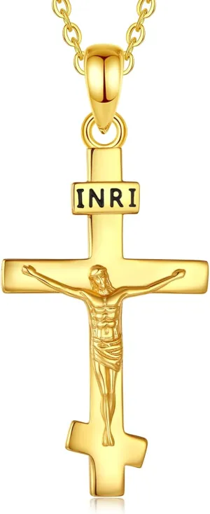 INFUSEU 925 Sterling Silver Jesus Cross Necklaces Crucifix Orthodox Cross Caravaca for Women Men Religious Protection Gifts