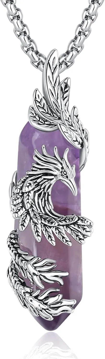 INFUSEU Elegant Phoenix Necklaces with Healing Crystal Stone for Women Men Unique Gifts, 22 2 Inch Chain