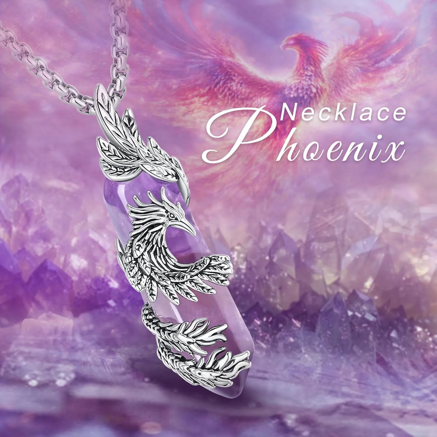 INFUSEU Elegant Phoenix Necklaces with Healing Crystal Stone for Women Men Unique Gifts, 22 2 Inch Chain