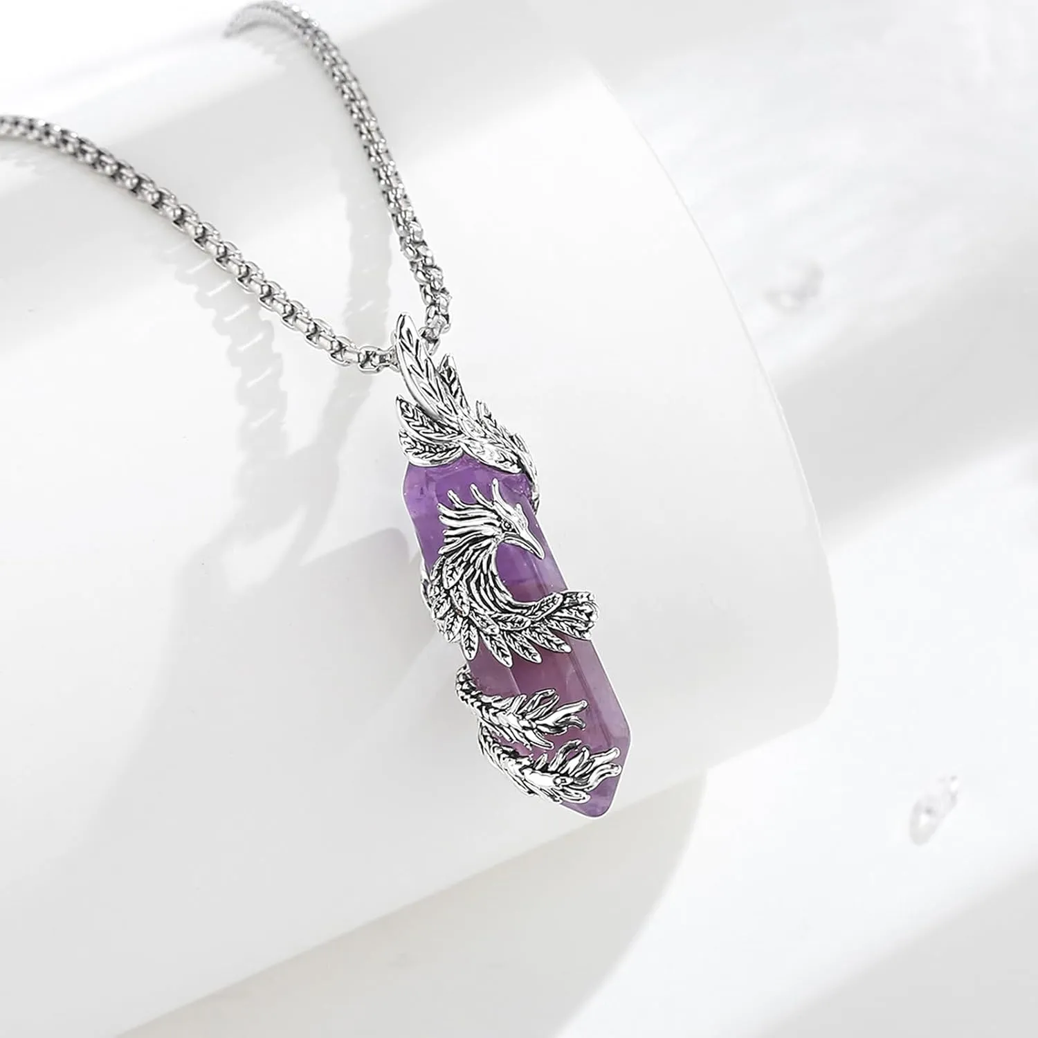INFUSEU Elegant Phoenix Necklaces with Healing Crystal Stone for Women Men Unique Gifts, 22 2 Inch Chain