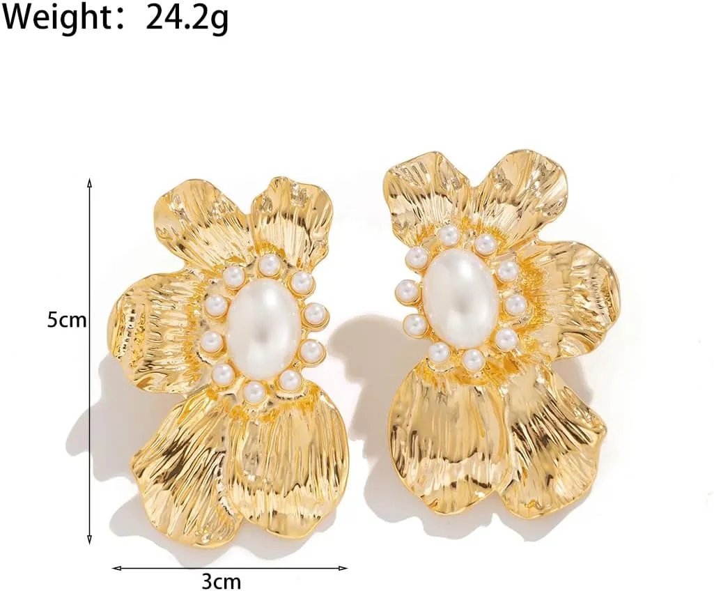 Irregular Gold Plated Pearl Flower Dangle Earrings for Women,Exaggerated Silver Large Metal Floral Stud Earrings,Sweet Boho Statement Jewelry Gifts