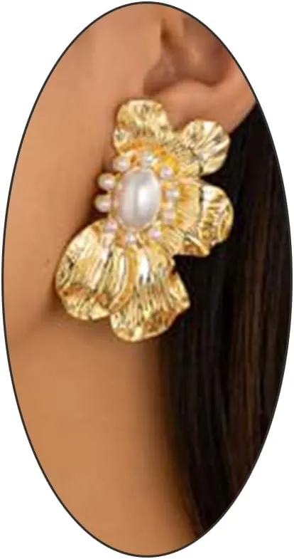 Irregular Gold Plated Pearl Flower Dangle Earrings for Women,Exaggerated Silver Large Metal Floral Stud Earrings,Sweet Boho Statement Jewelry Gifts