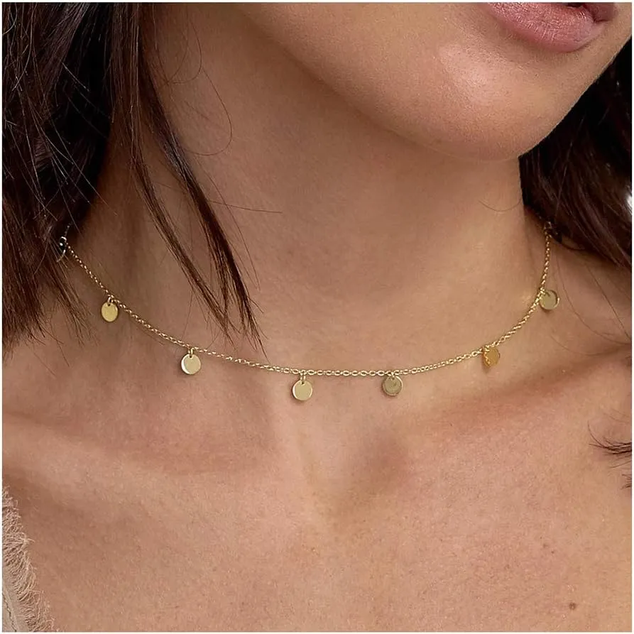 itianxi Dainty Beaded Choker Necklaces,14K Gold/Silver Plated Cute Tiny Delicate Coin/Satellite Chain Choker Necklaces for Women